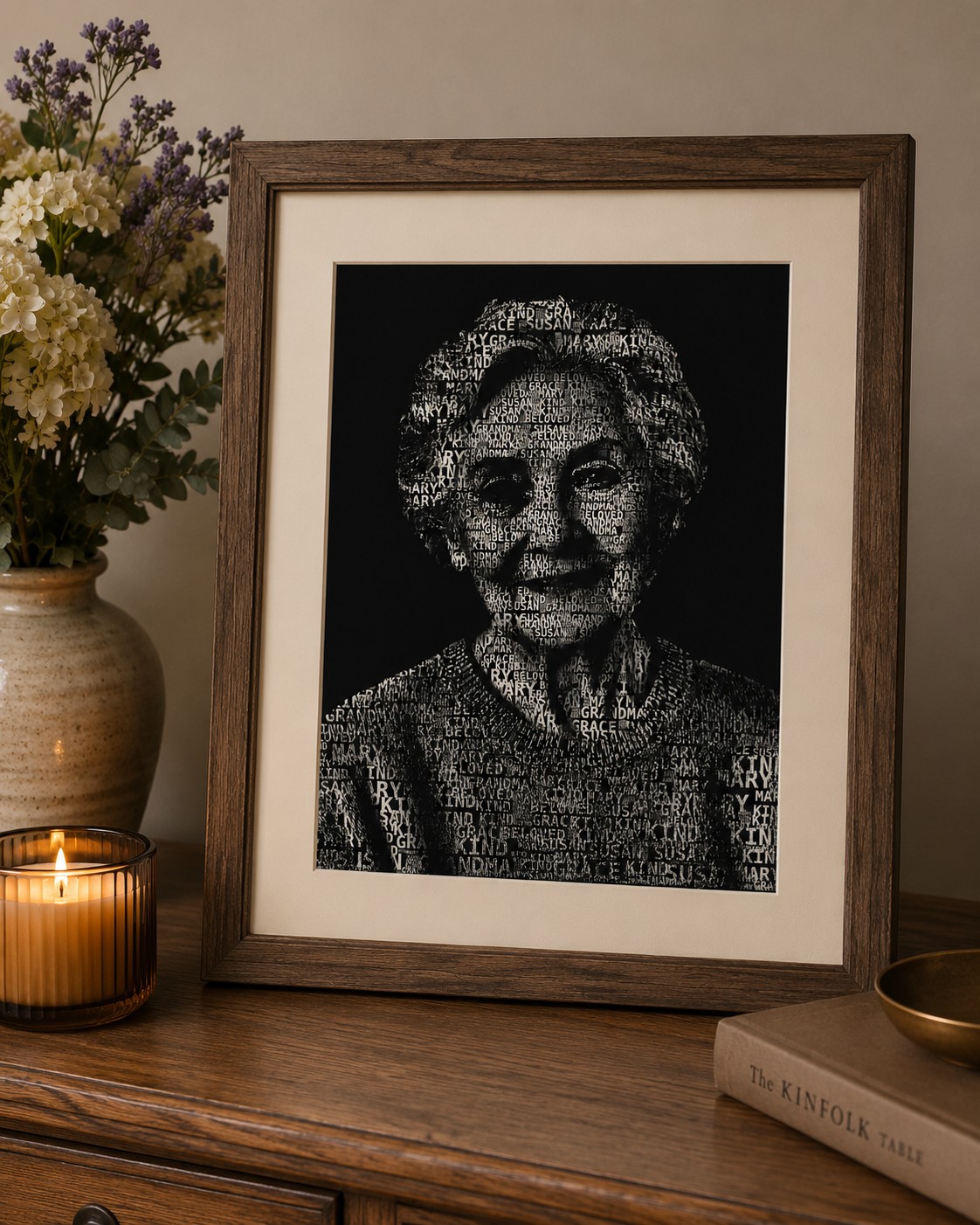 A memorial portrait made from words, framed on a desk beside a candle and flowers