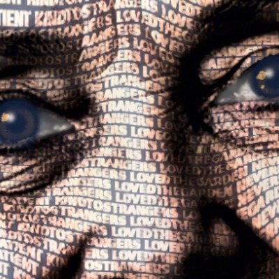 Close-up of the portrait, showing it is made entirely of words