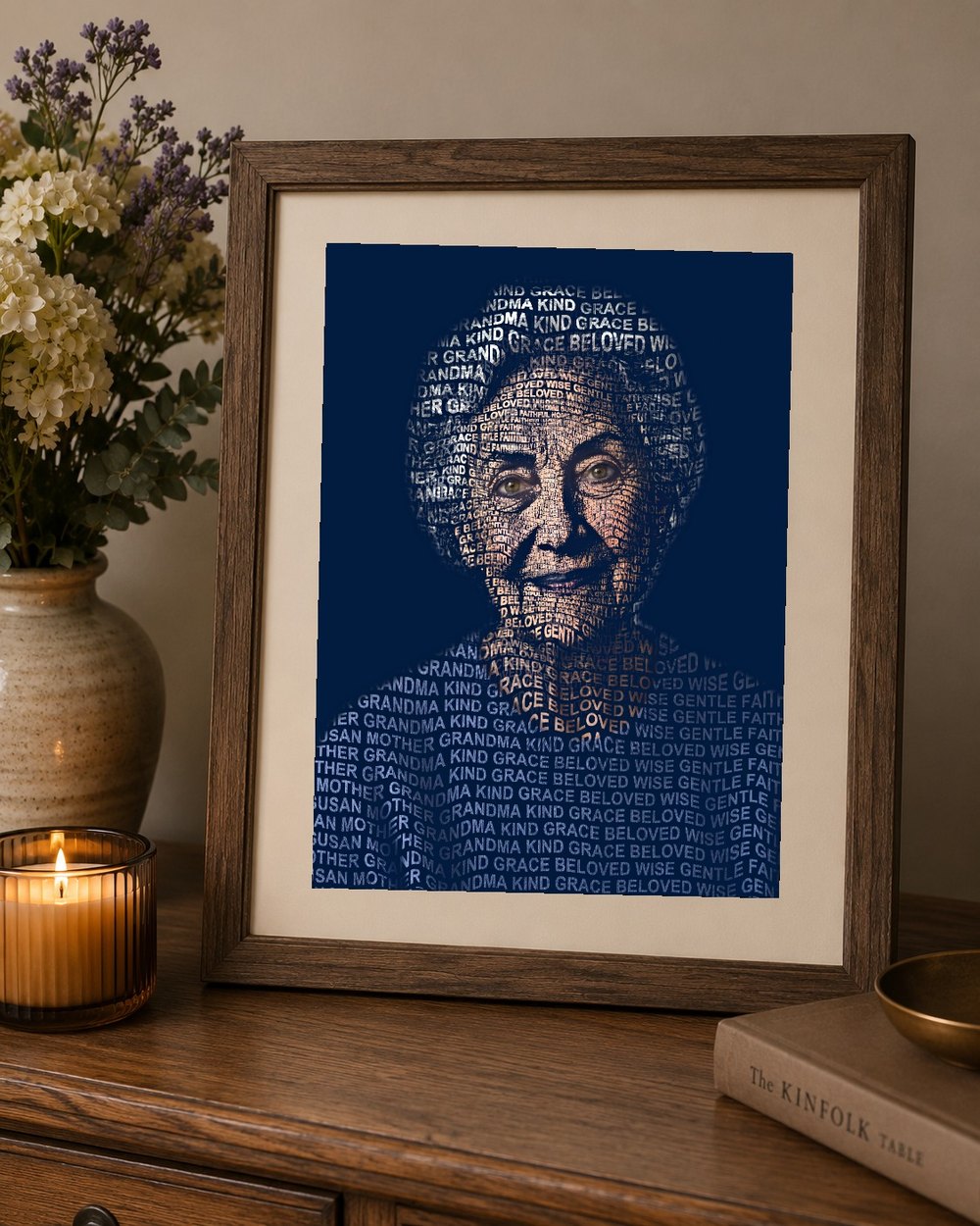 A memorial word portrait framed on a dresser
